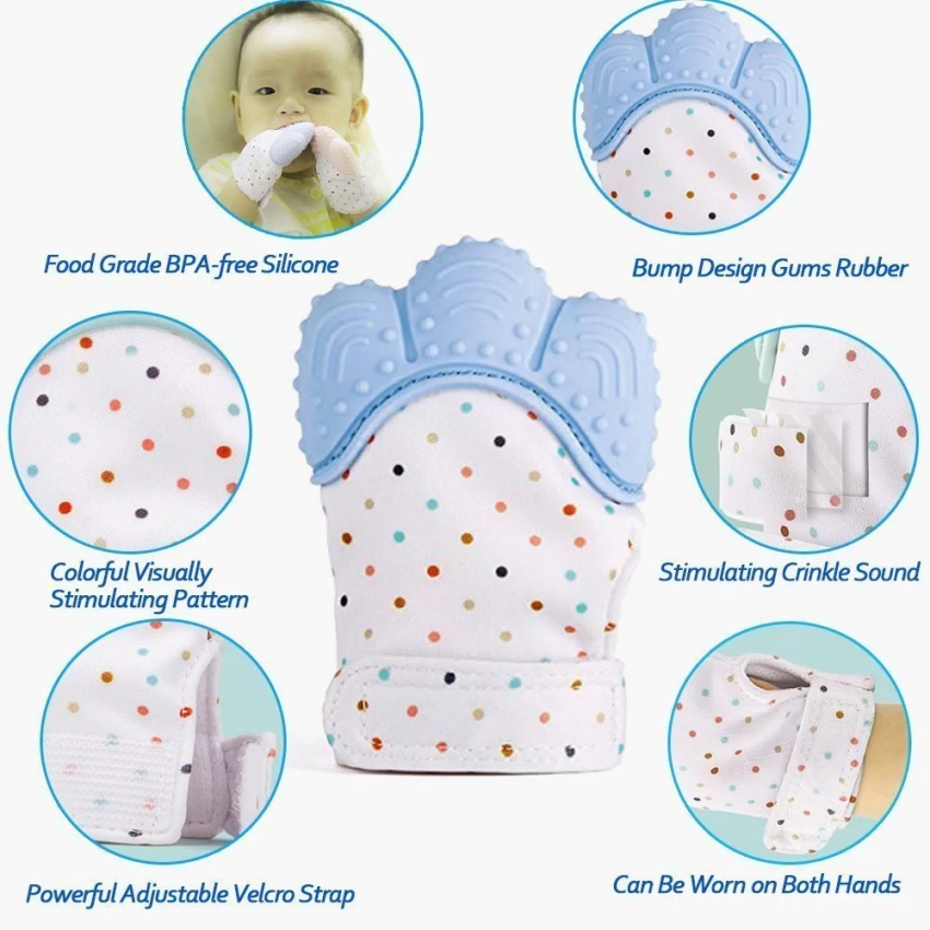Soft and flexible 3-in-1 teething mitten with textured silicone, providing safe gum massage and sensory stimulation for infants.