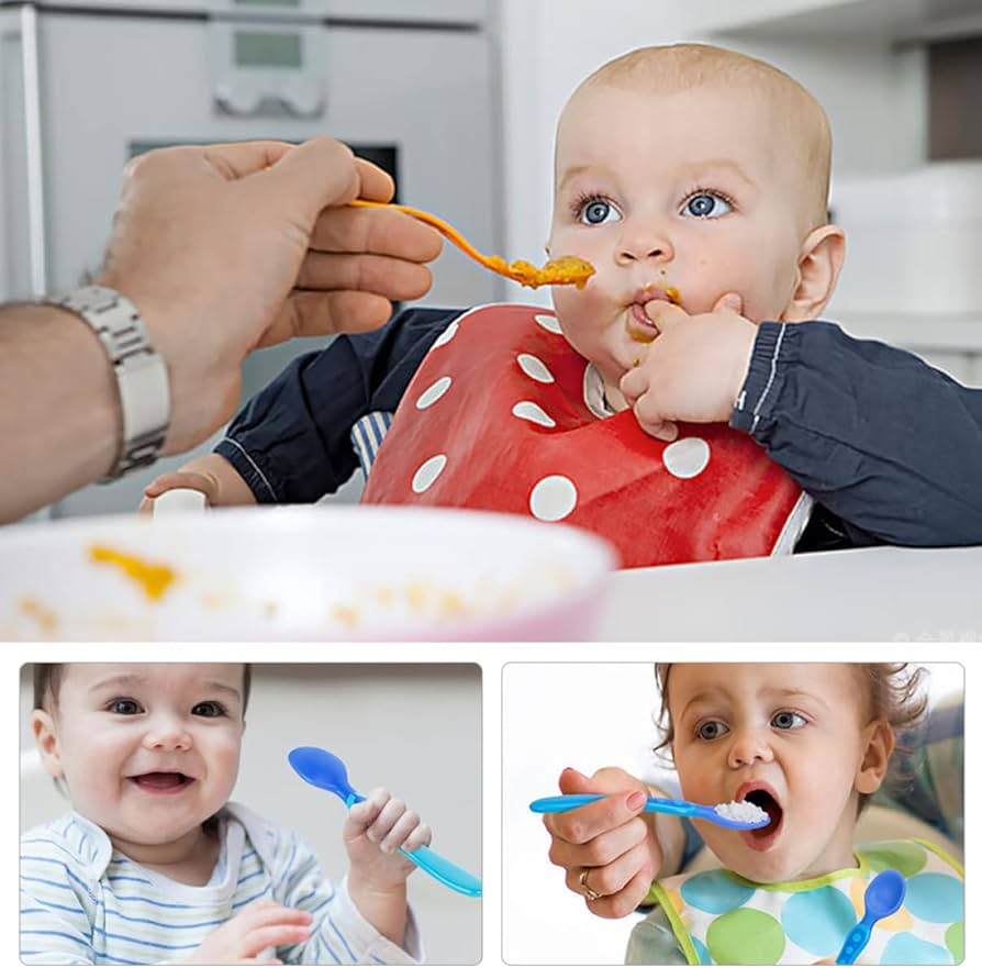 Mom using a soft silicone smart spoon to feed her baby, making mealtime stress-free and safe